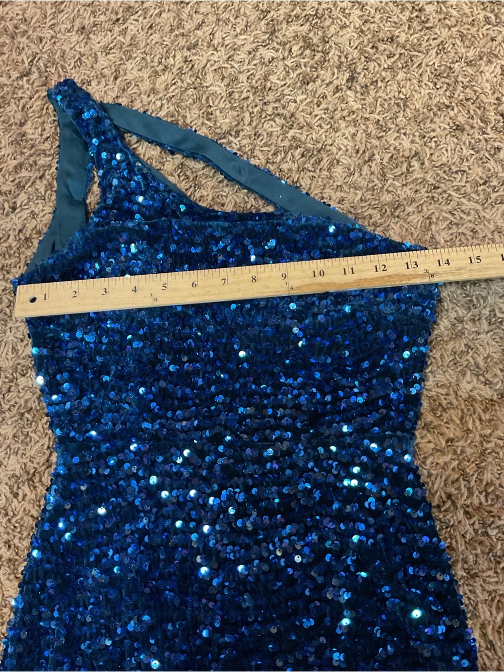 One-Shoulder Navy Sequin Evening Gown w/ slit hem and Open Back - Picture 13 of 14
